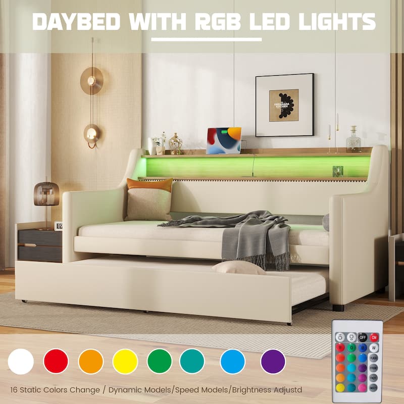 Upholstered Daybed with Charging Station and LED Lights