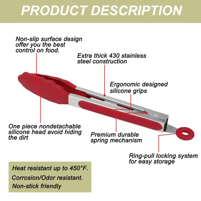 Stainless Steel Kitchen Tongs Silicone Tipped BBQ Cooking Tongs - Burgundy - 9"