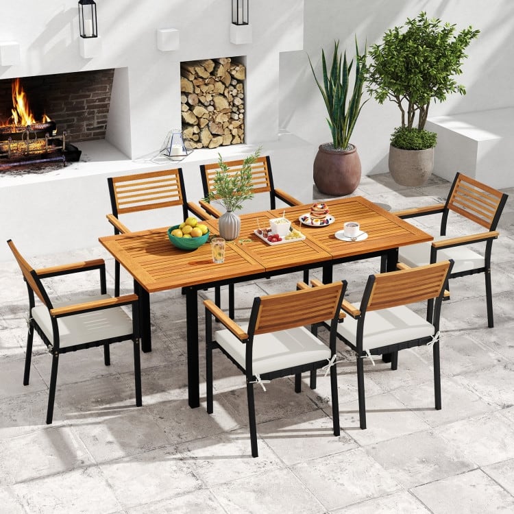 Natural Wood Rope 7 Piece Patio Dining Set with Extendable Table - Table Size: 51"-64" x 31.5" x 29" (L x W x H)