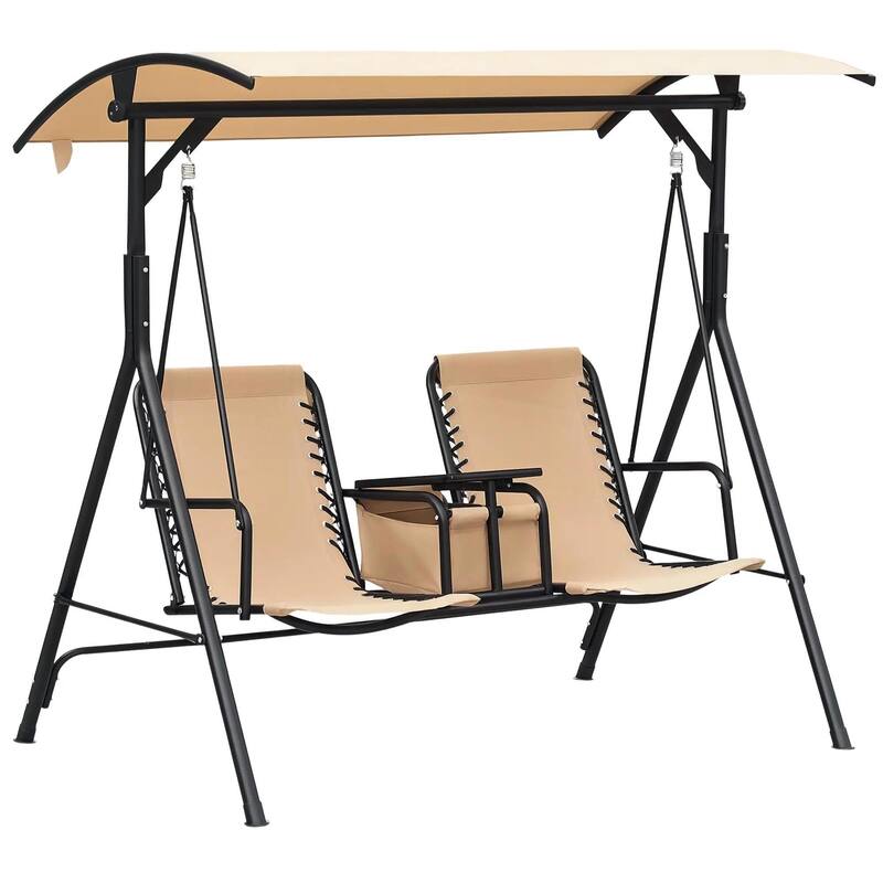 2-Seater Porch Swing with Pivot Table, Cup Holder, Adjustable Canopy