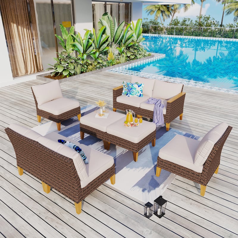 9-Piece Outdoor Wicker Sectional Sofa Patio Furniture Luxury Conversation Set, Beige Cushion