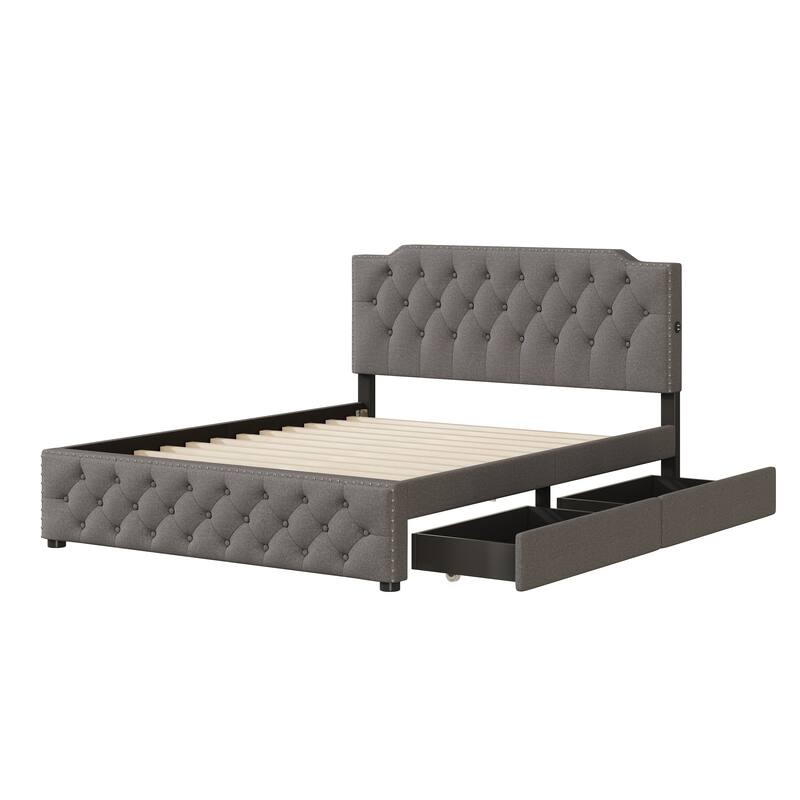 Queen Size Linen Fabric Upholstered Bed w/ 2 Drawers Storage Bed, 2 USB Ports on Platform Bed No Box Spring Needed Easy Assembly