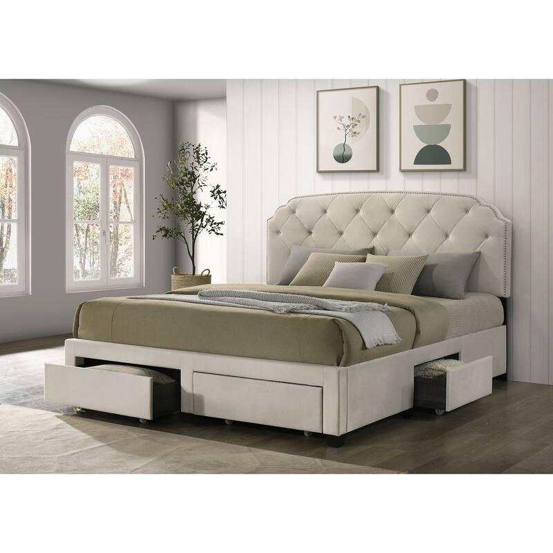 Marianna 4-drawer Upholstered Storage Bed Cream
