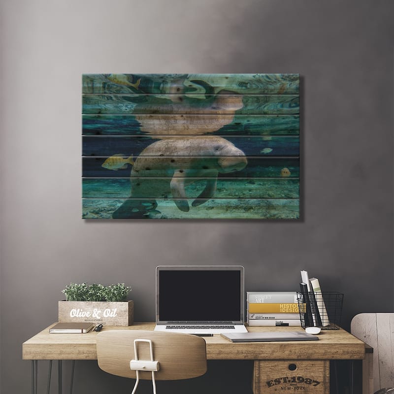 Florida Manatee Print On Wood by Eric Fisher - Multi-Color