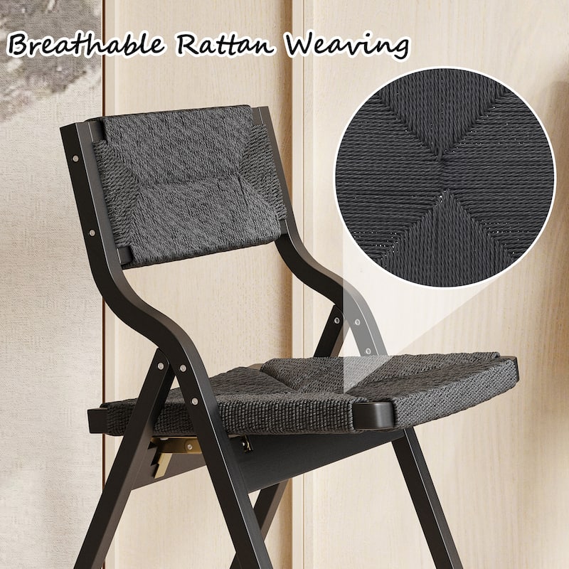 Set of 2 Wood Folding Dining Chairs with Woven Seat & Back