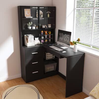 Computer Desk with Glass Cabinets & Built-In LED Lights, Corner L-Shaped Office Desk with USB Charging Ports, Keyboard Tray