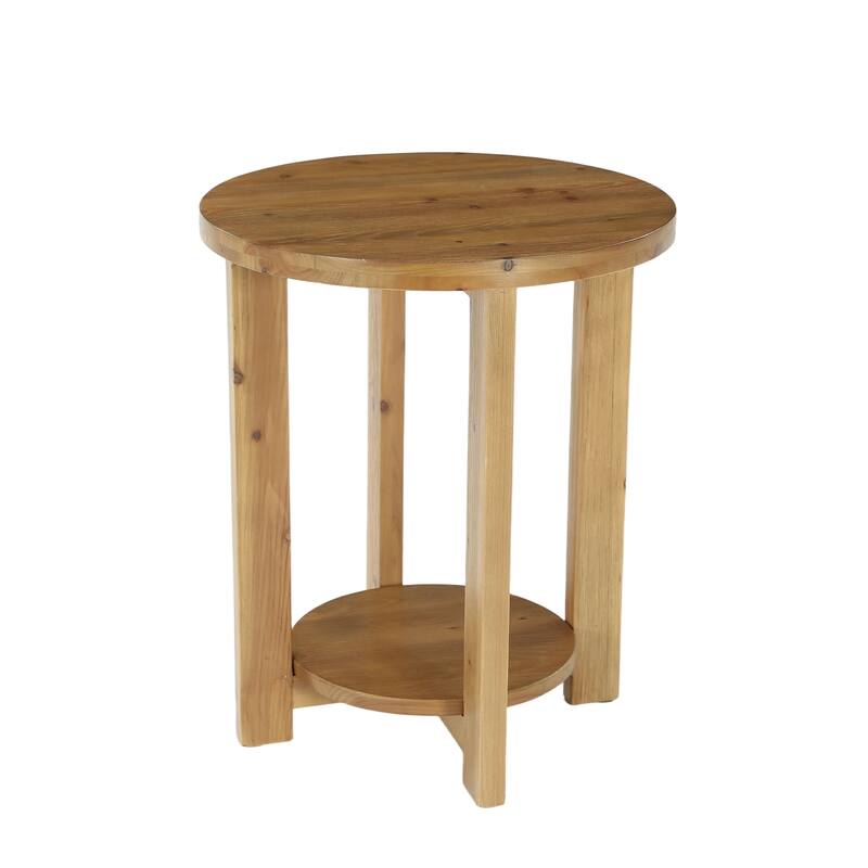 2-Tier Solid Wood End Table, Accent Round Side Table with Storage Shelf