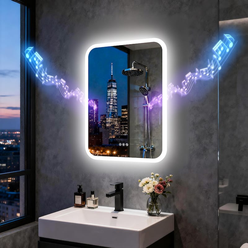 Bluetooth Speaker Smart LED Illuminated Tempered Glass Lighted Bathroom Mirror Backlight Wall Makeup Mirror - 23.62" x 31.50"