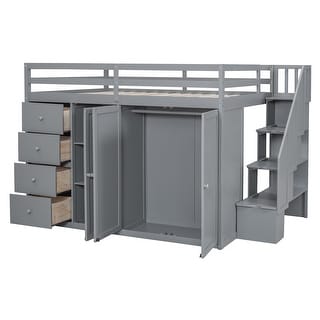 Gray Full Wood Loft Bed Frame with 4 Drawers, Cabinet & Two Wardrobes