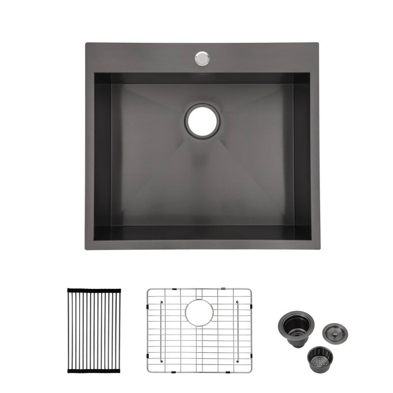 Black Stainless Steel Single Bowl Drop-in Kitchen Sink with Rinse Grid