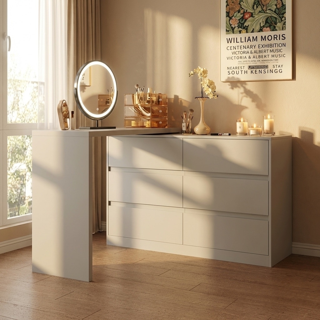 Makeup Desk Rotating Dresser and Desk 6 Drawer Dresser Vanity Makeup Space Saving Vanity Desk with 6 Drawers, Dresser Desk Combo