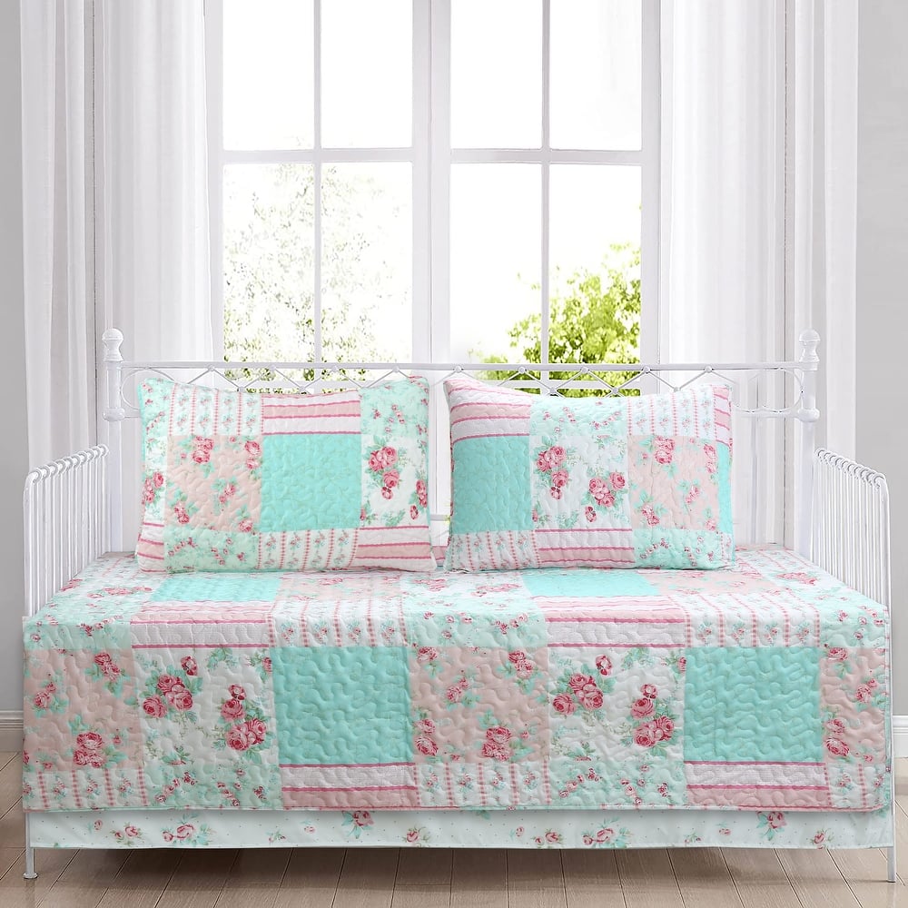 Cozy Line Tiffany Pink Garden Floral Patchwork Print Pink White Microfiber Reversible DayBed Quilted Bedding Set