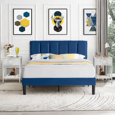 VECELO 3-Pieces Tufted Upholstered Platform Bed Frame with Adjustable Height Headboard and Nightstands Set of 2, Dark Blue