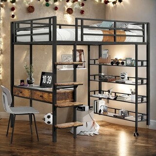 Full Size Sturdy Metal Loft bed Frame with Desk and Shelves
