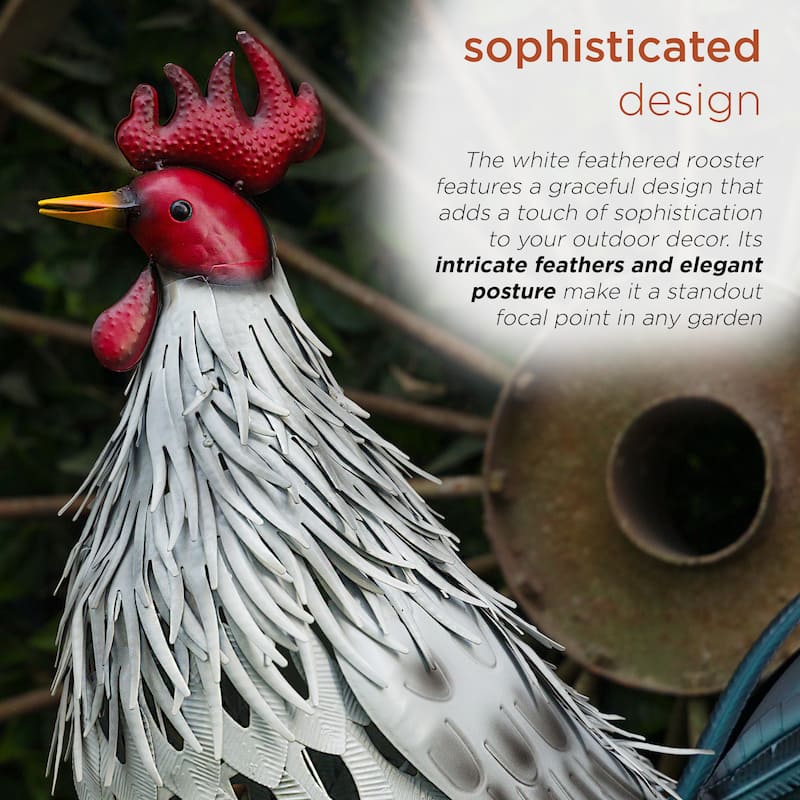 Metal White Feathered Rooster Decor