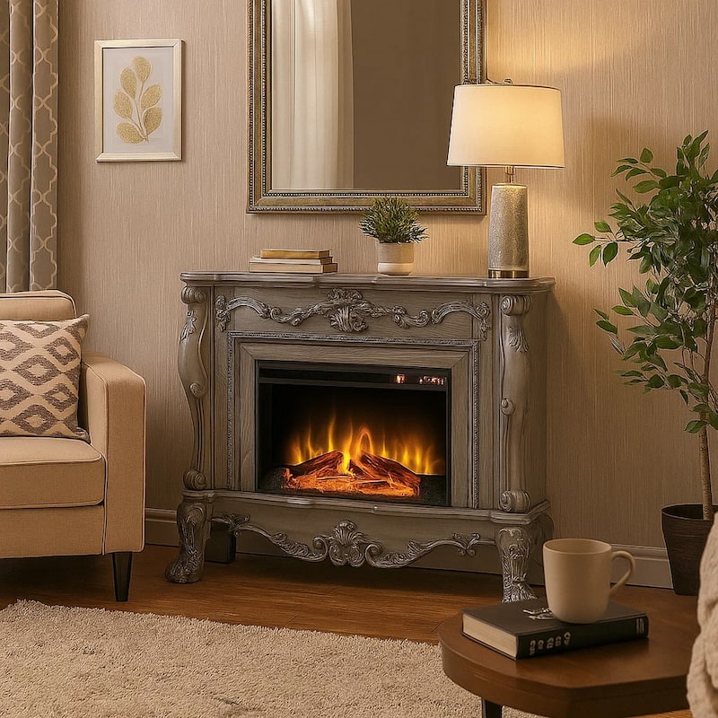 Ally 47 Inch Classic Electric Fireplace, Scrolled Trim, Remote, Timer, Gray