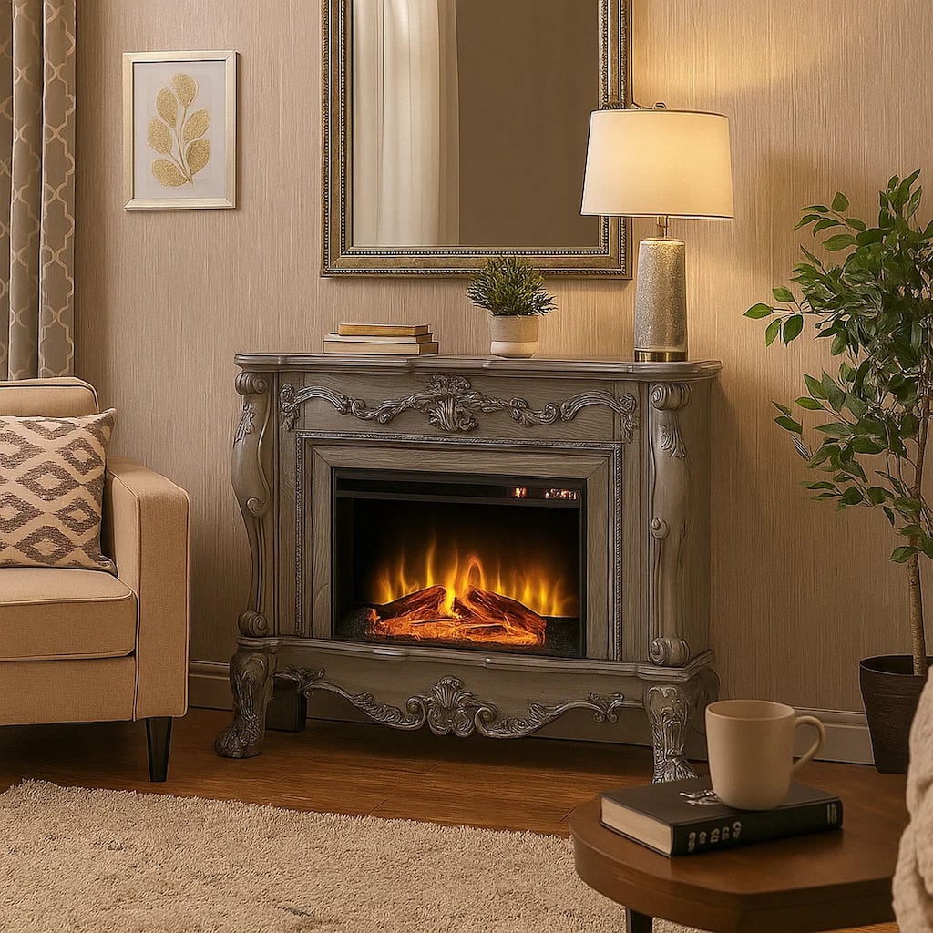 Ally 47 Inch Classic Electric Fireplace, Scrolled Trim, Remote, Timer, Gray