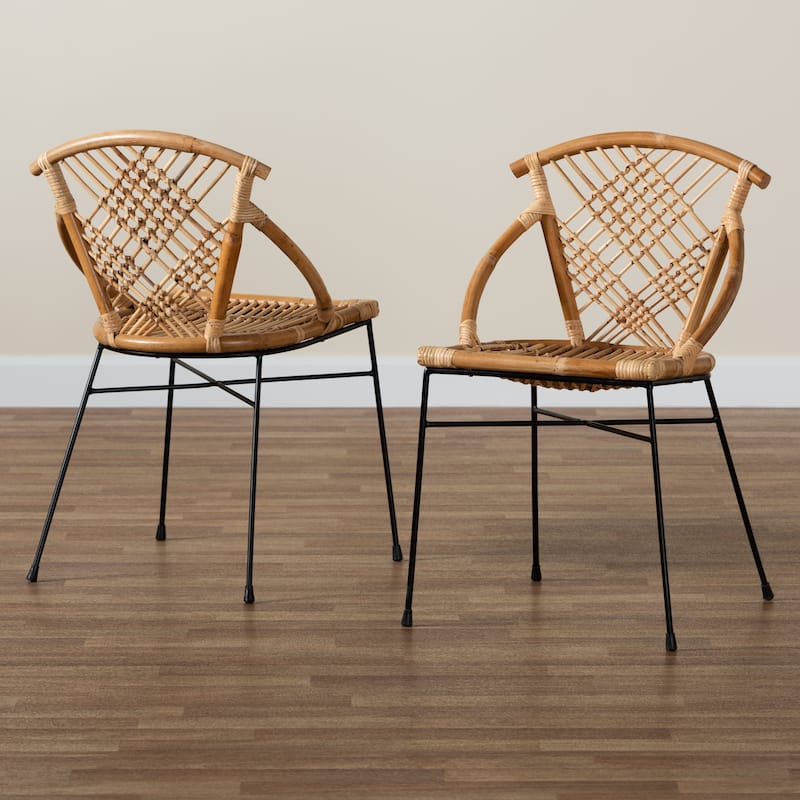 Pro Modern Bohemian Natural Rattan and Metal Dining Chair Set(2PC)