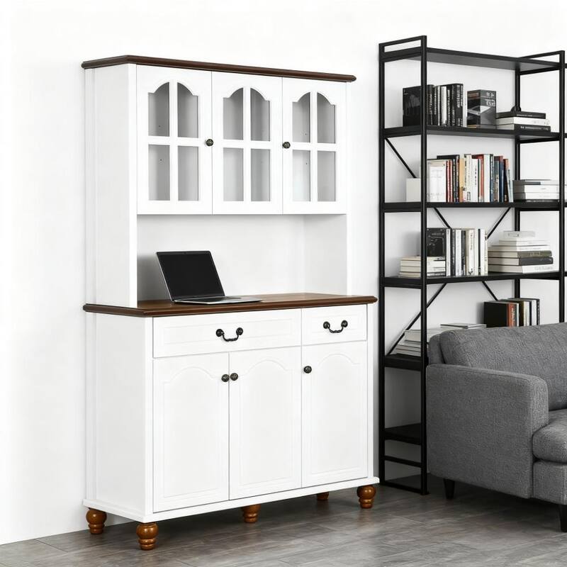 Large Retro Pantry Cabinet with Countertop, Buffet Cabinet,Tall Kitchen Hutch with 2 Drawers, Glass Door for Dining Rooms