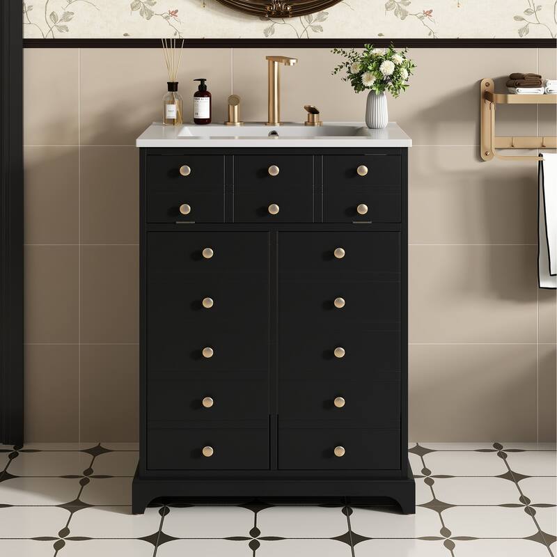 Bathroom Vanity with Tip-out Drawer and Soft-Closing Doors, Solid Wood Frame Bathroom Storage Cabinet with Ceramic Sink - Black