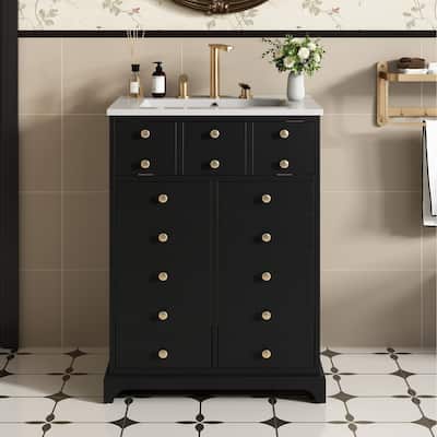 Bathroom Vanity with Tip-out Drawer and Soft-Closing Doors, Solid Wood Frame Bathroom Storage Cabinet with Ceramic Sink