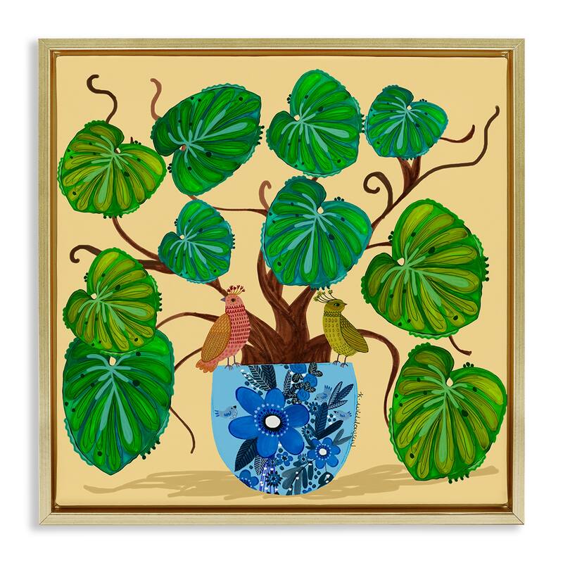 Stupell Potted Plant & Birds Perched Framed Floater Canvas Wall Art Design By Kay Widdowson - 25 x 25 - Gold