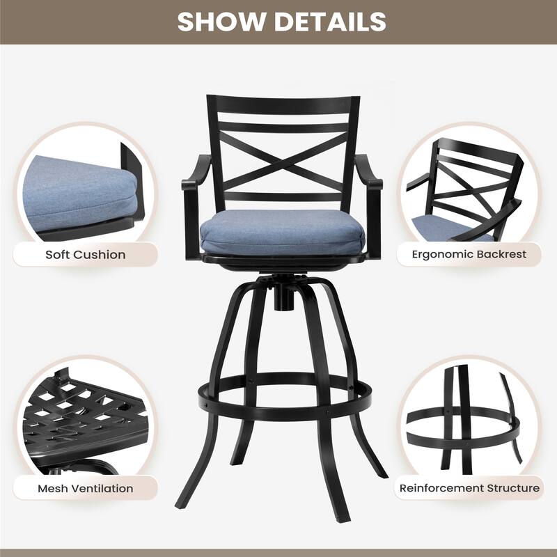 Pellebant Patio Outdoor Indoor Aluminum Swivel Bar Stools Dining Chairs with Sunbrella Cushion