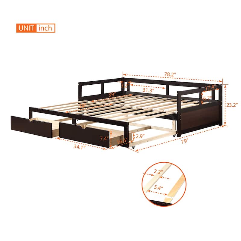 Wooden Daybed with Trundle Bed and Two Storage Drawers