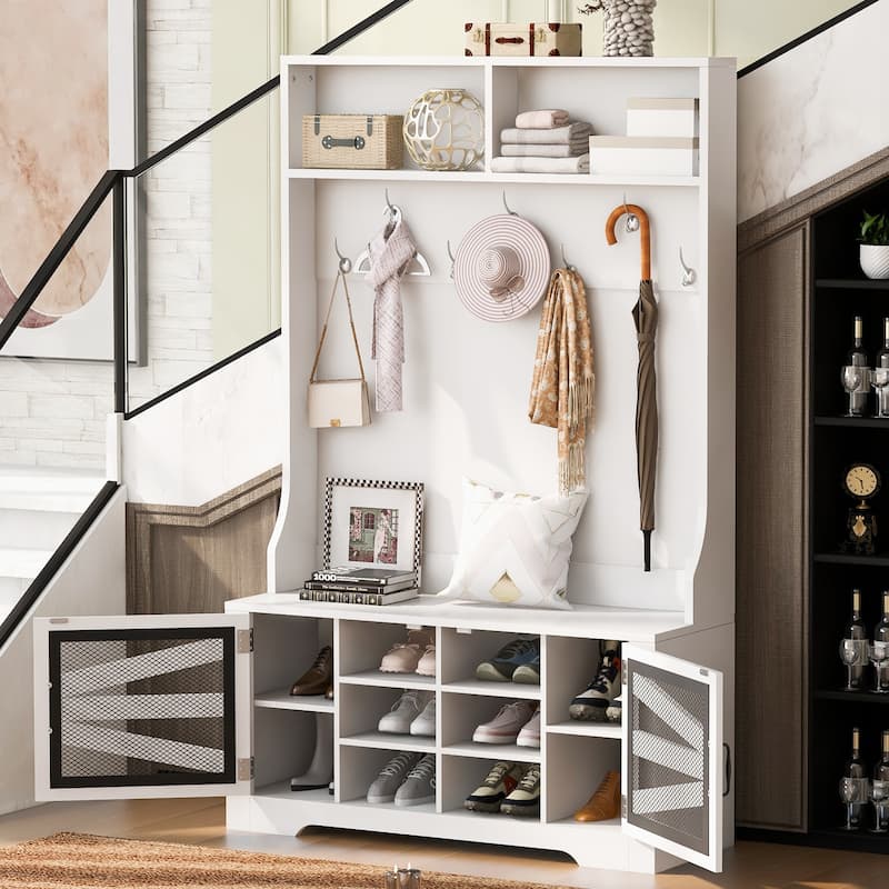 43.3" Entryway Bench with Coat Rack, 3-in-1 Design and Adjustable Shelves