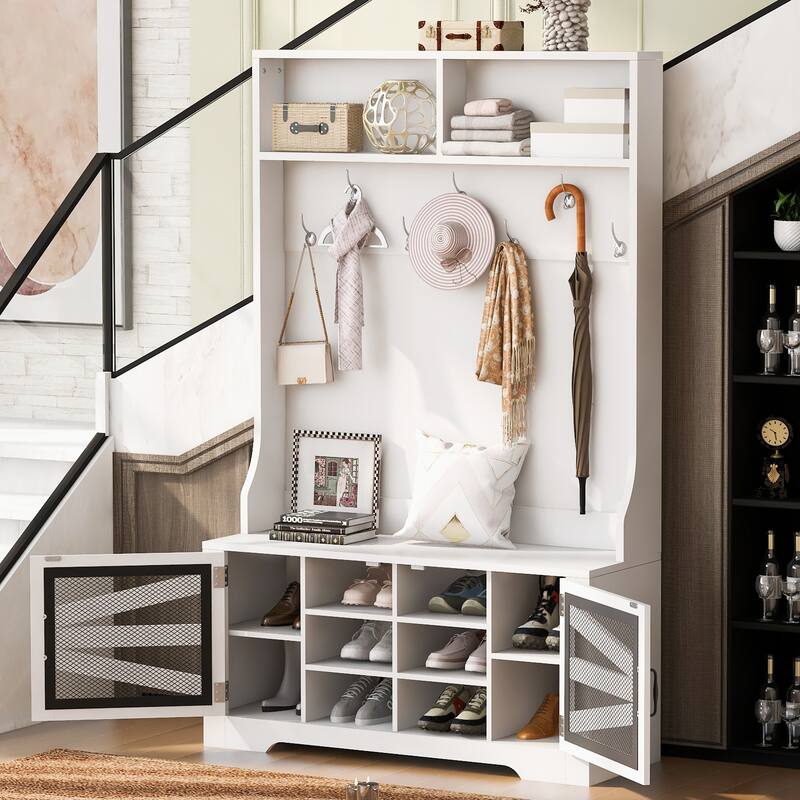 Breathable Hall Tree Cabinet Coat Rack with Adjustable Shelves & Bench Seat, Shoe Storage Cabinet with Wire Mesh Door - White