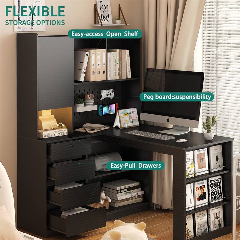 L Shaped Desk,Computer Desk with Drawers,Bookshelf & Hutch,w/LED Light