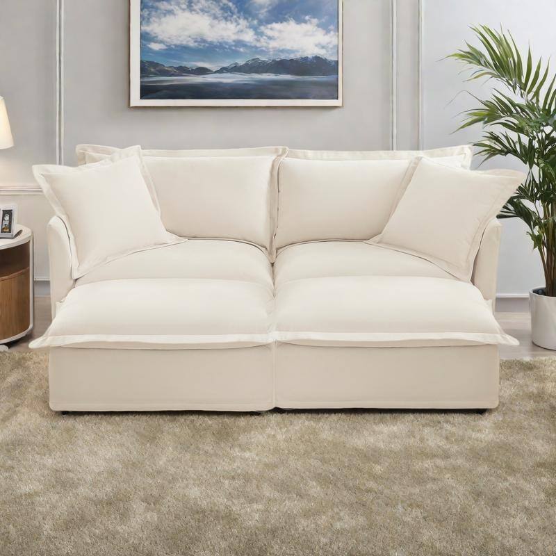 83.4" Chenille 2-Seater Sofa Set with 2 Ottomans, Sleeper Function & Removable Slipcovers - Cream