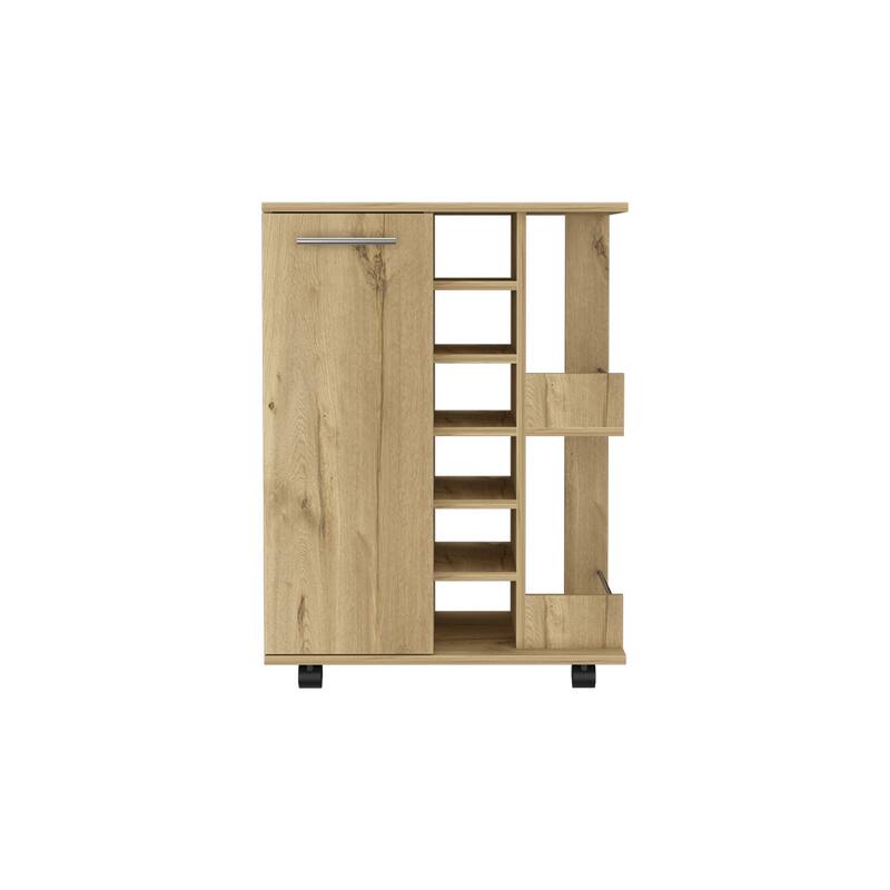 Bar Cart, Four Casters, Six Wine Cubbies, Single Door Cabinet
