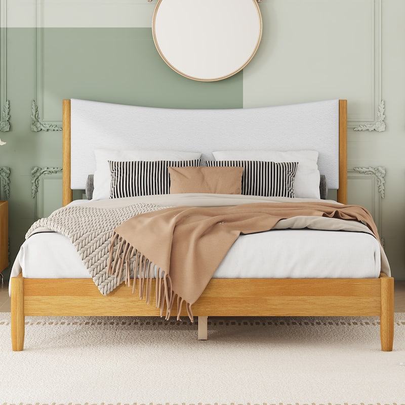 Natural Queen Size Rubber Wooden with Platform Bed Teddy Velvet Cushion Upholstered Headboard - Natural
