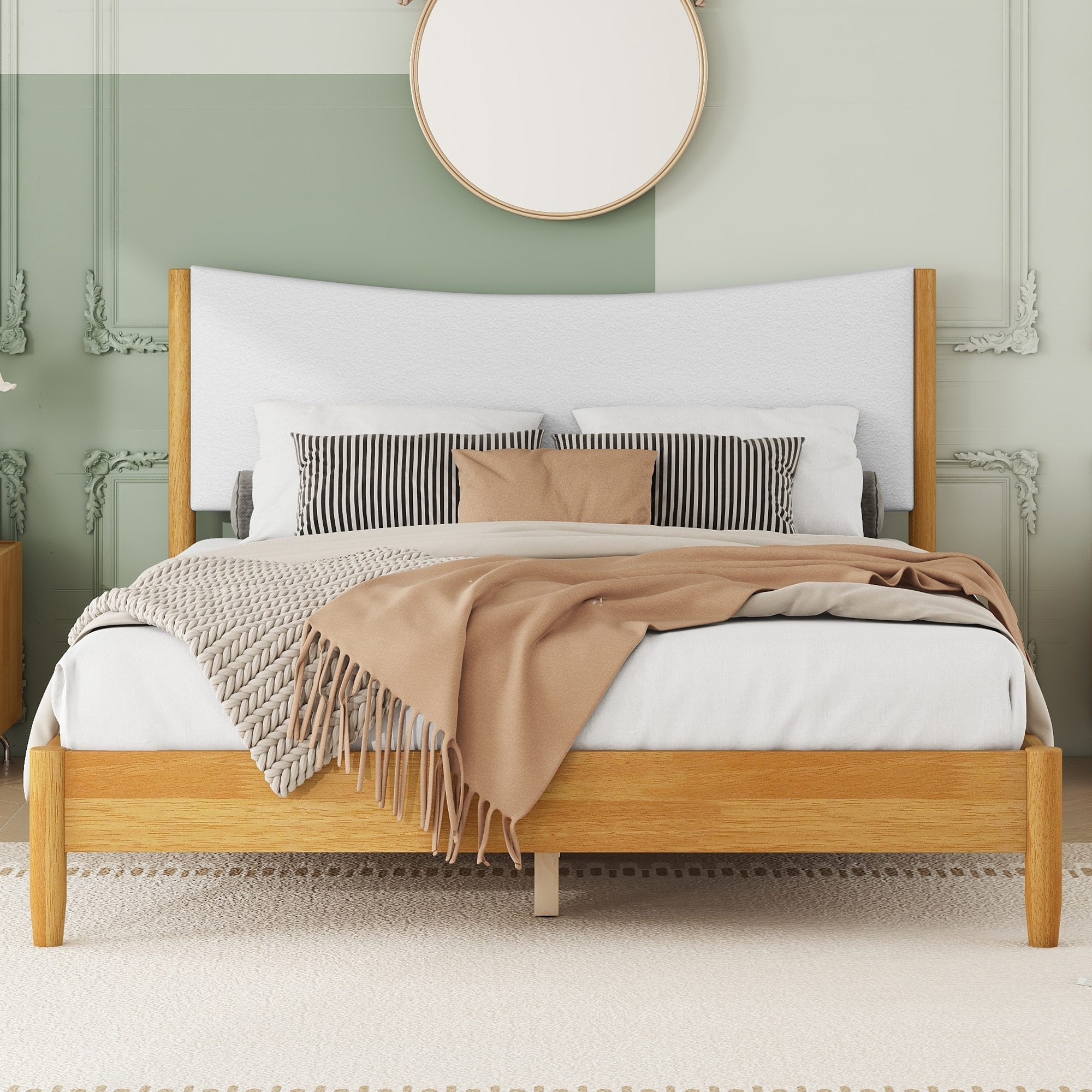 Queen Size Rubber Wooden,Solid Wooden Bed with Teddy Velvet Cushion Upholstered Headboard,Enhanced by Support Feet