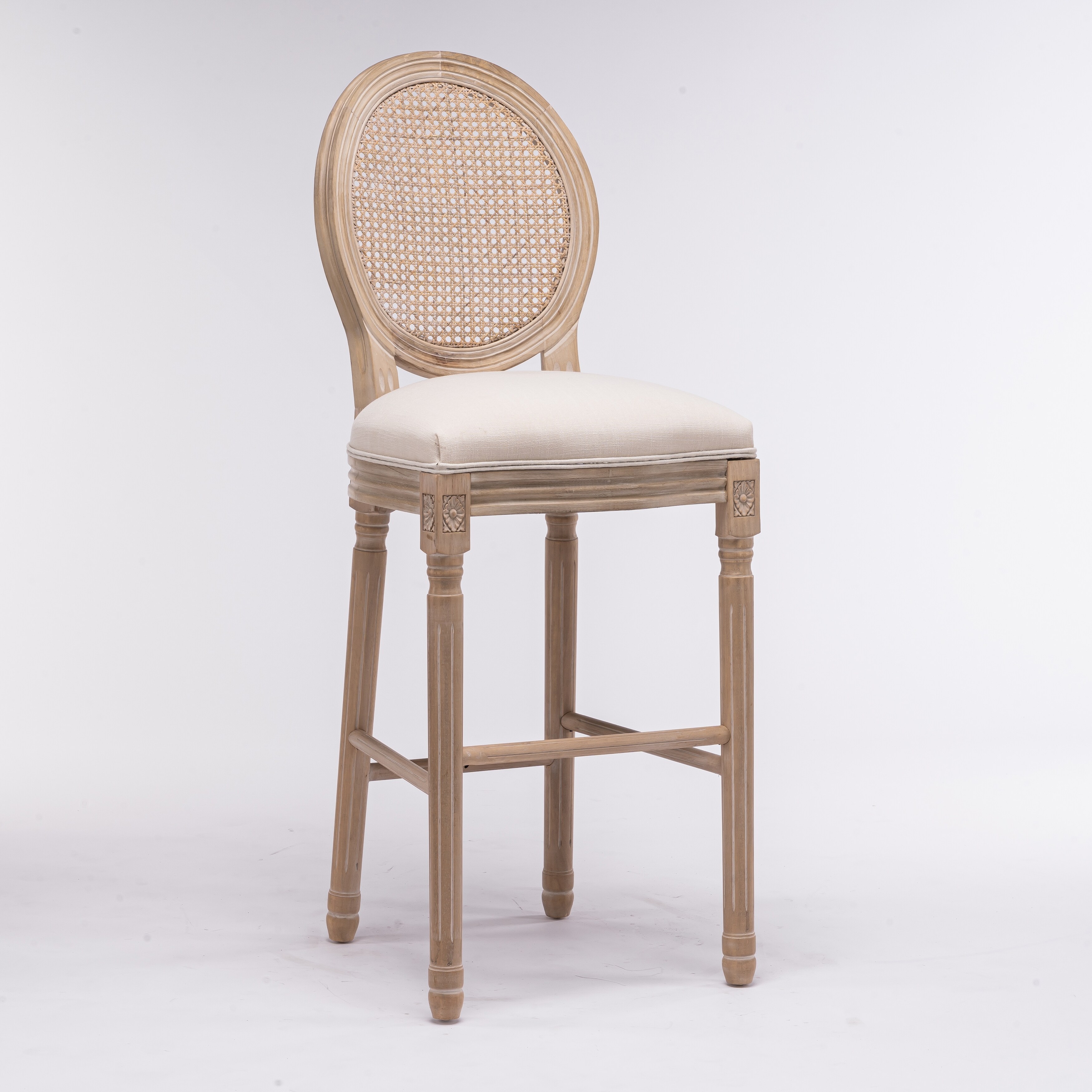 French Country Wooden Barstools Rattan Back With Upholstered