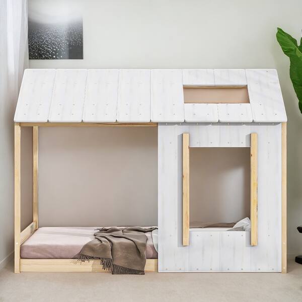 slide 2 of 9, Modern Twin Size House Platform Kids Bed with Roof and Window, Solid Pine Wood Frame, Easy to Assemble, White+Natural White+Natural