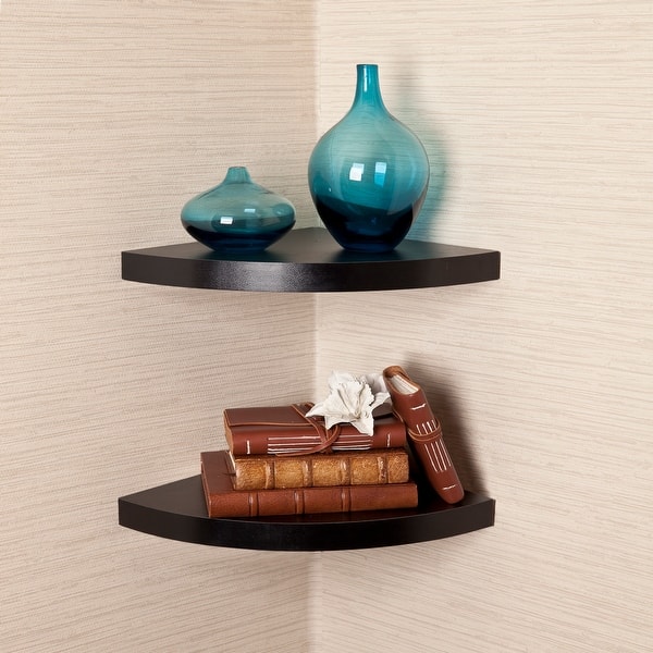 slide 2 of 4, Black Veneer Corner Radial Shelves (Set of 2)