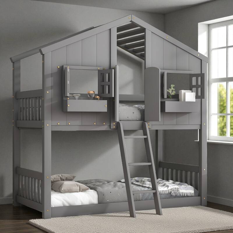 Twin Over Twin Wooden House Bunk Bed with Roof, Windows, Door, and Ladder, Kids Playhouse Bed with Guardrails - Grey - Twin