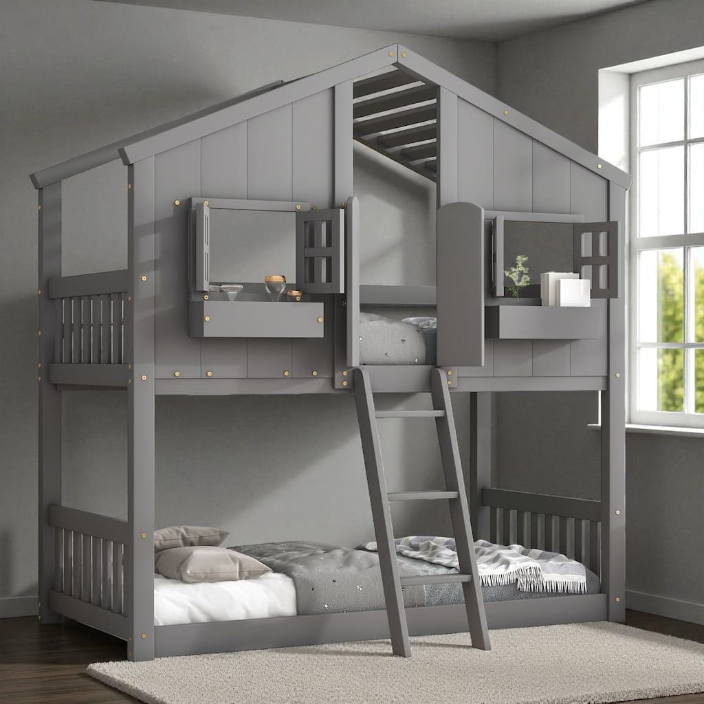 Twin Over Twin Wooden House Bunk Bed with Roof, Windows, Door, and Ladder, Kids Playhouse Bed with Guardrails