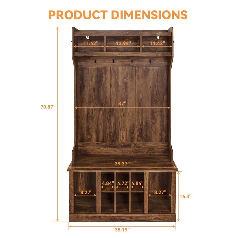 Entryway Hall Tree with Bench and Shoe Storage, Coat Rack with 8 Shoe Storage Cube and 6 Hanging Hooks Storage Cabinet