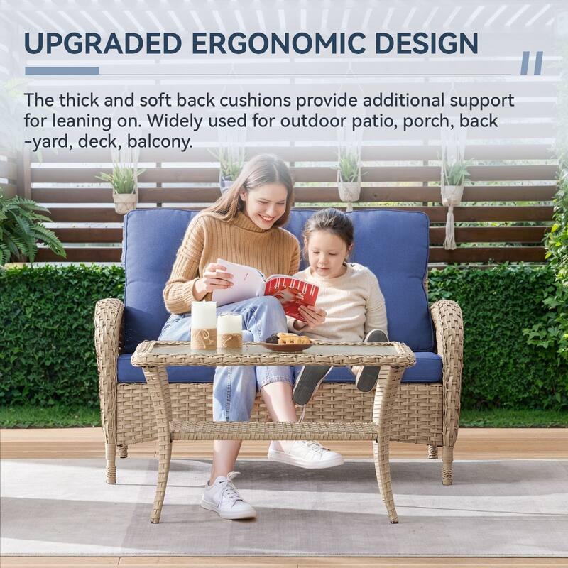 Gymojoy Outdoor Wicker Loveseat with Coffee Table and Outdoor Cushions