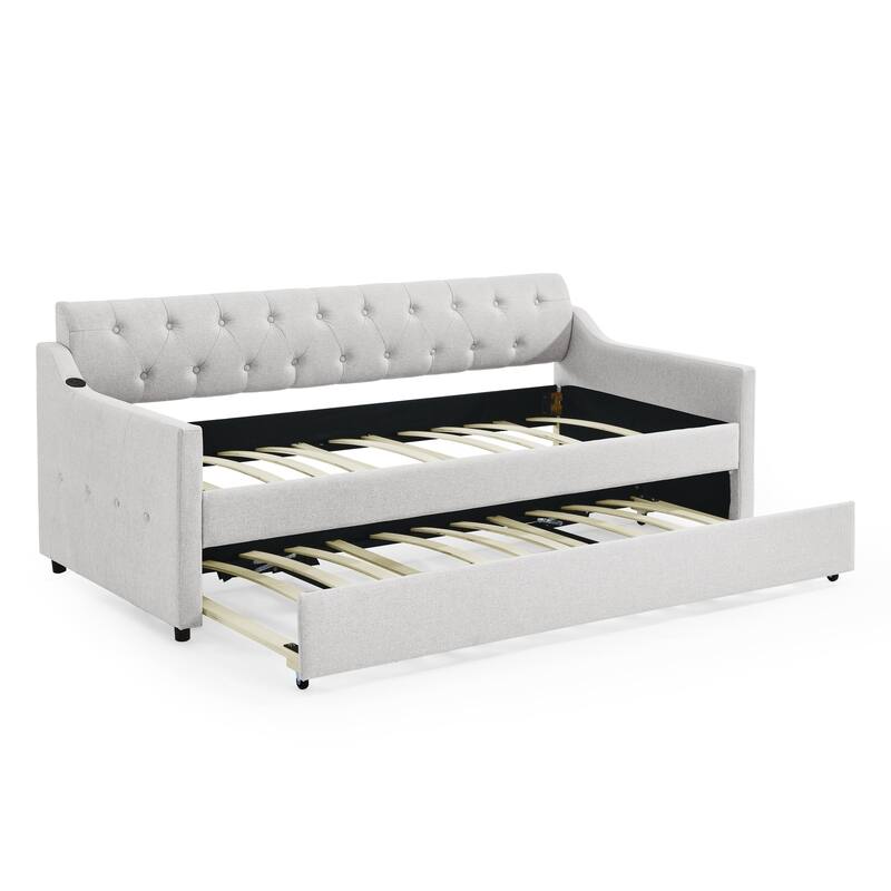 Upholstery Daybed with Erectable Trundle & USB Design