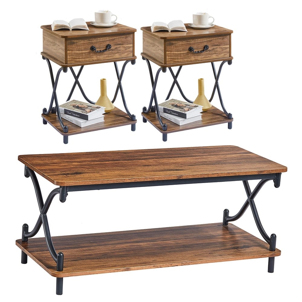 Modern 3-piece Coffee Table, Sofa Table & 1-drawer Nightstand Set of 2(Brown/Black/White)