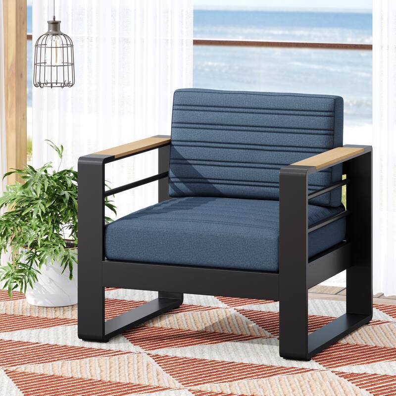 Roomfitters Modern Outdoor Club Chair with Slatted Metal Frame, Weather-Resistant Cushions and Wooden Armrests - Blue