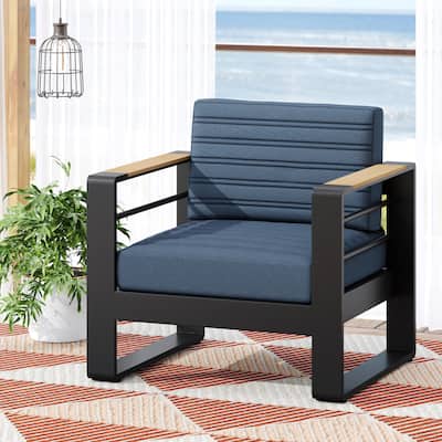 Roomfitters Modern Outdoor Club Chair with Slatted Metal Frame, Weather-Resistant Cushions and Wooden Armrests