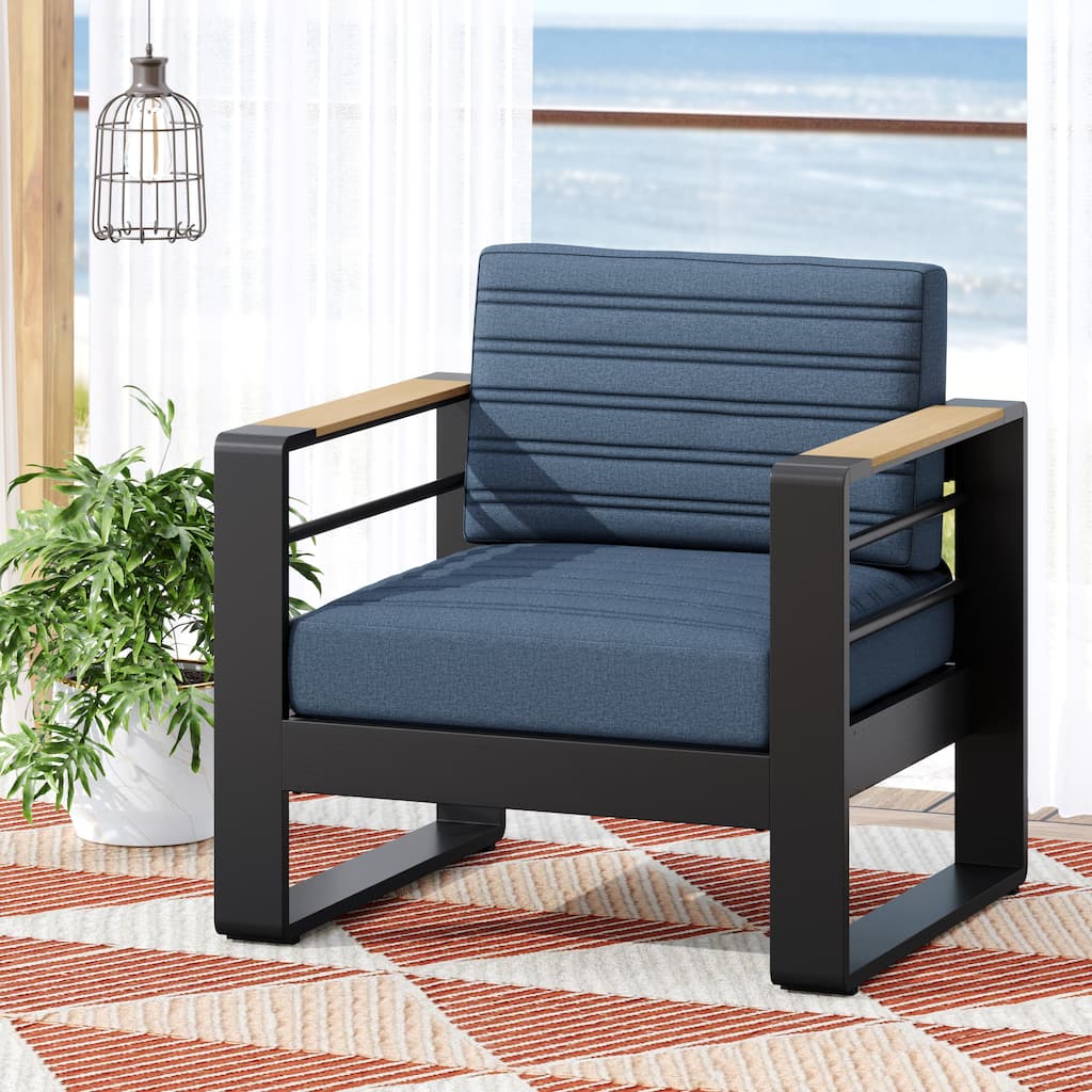 Roomfitters Modern Outdoor Club Chair with Slatted Metal Frame, Weather-Resistant Cushions and Wooden Armrests
