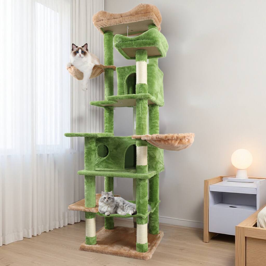 68 in Tall Multi-Level Green Cat Tree with Hammocks, Hanging Basket, Cat Cave, Removeable Cushion, Scratching Posts