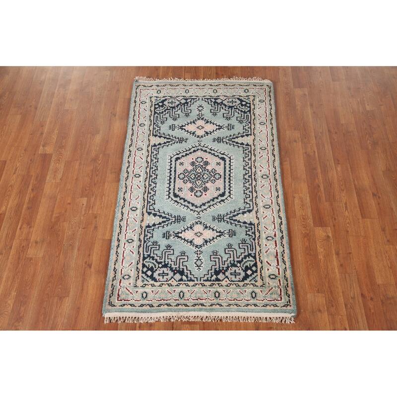Geometric Heriz-Serapi Accent Rug Hand-Knotted Green Wool Carpet - 3'0"x 4'11"