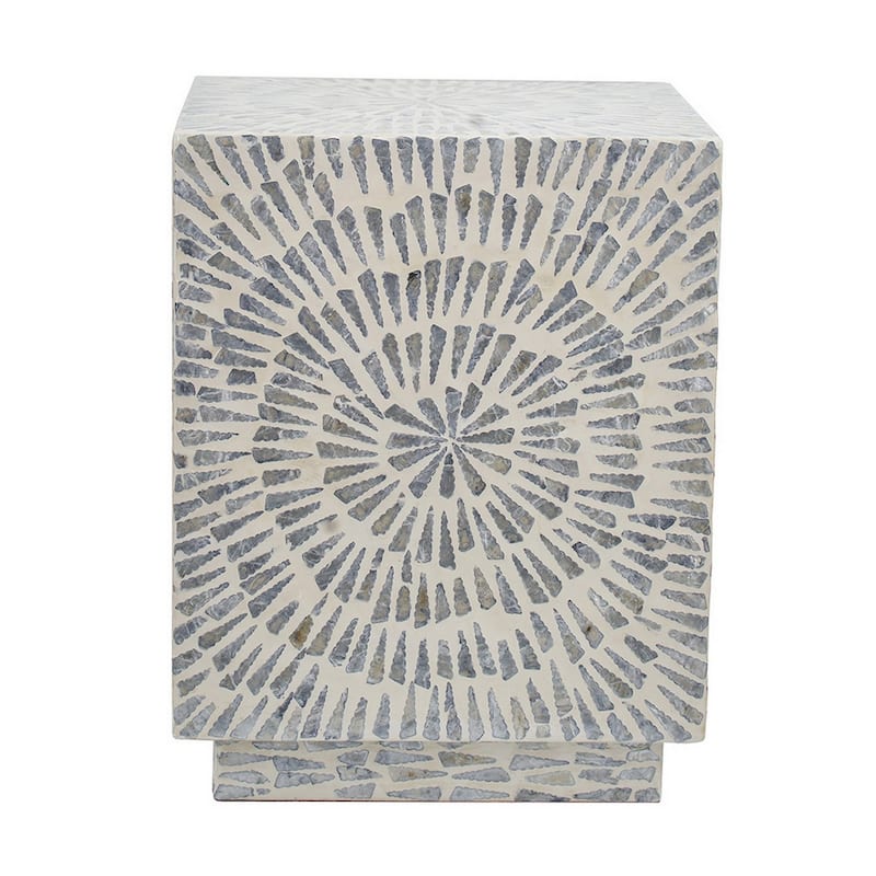 18 Inch Modern Capiz Accent Table Stool, Square, Gray Starburst Pattern